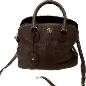 Tory burch brown satchel with strap hardly worn mint condition